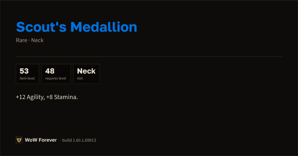 The preview card for Scout's Medallion - Rare Necklace, Item Level 53