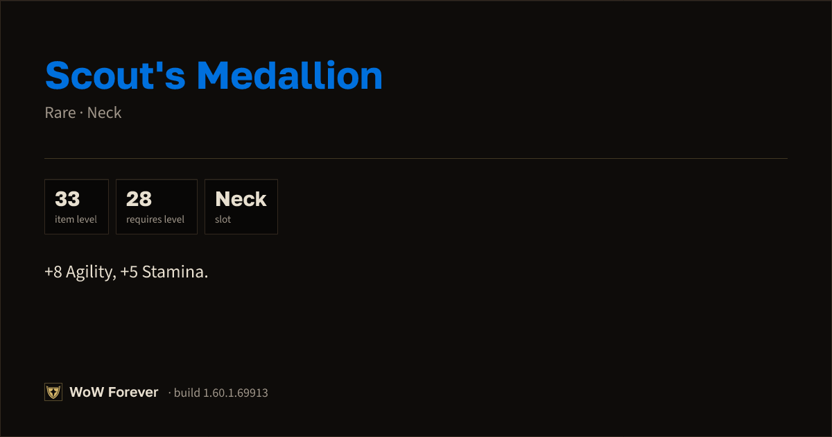 The preview card for Scout's Medallion - Rare Necklace, Item Level 33