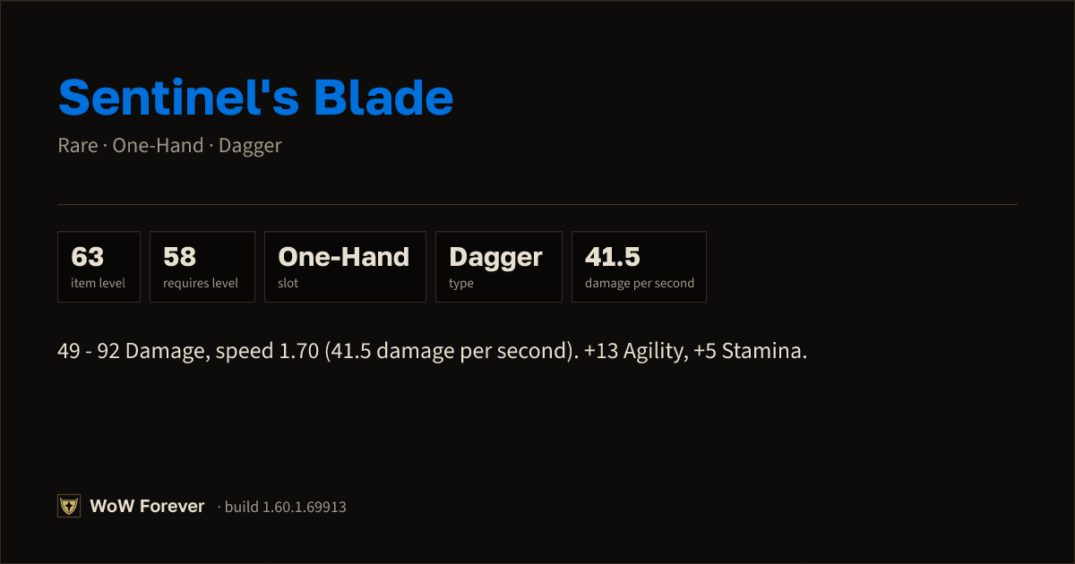The preview card for Sentinel's Blade (Item level 63)