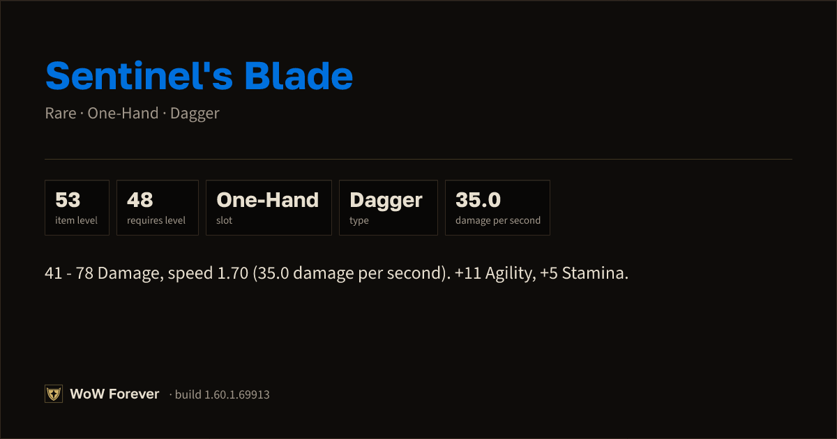 The preview card for Sentinel's Blade (Item level 53)