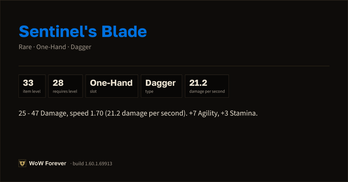 The preview card for Sentinel's Blade (Item level 33)