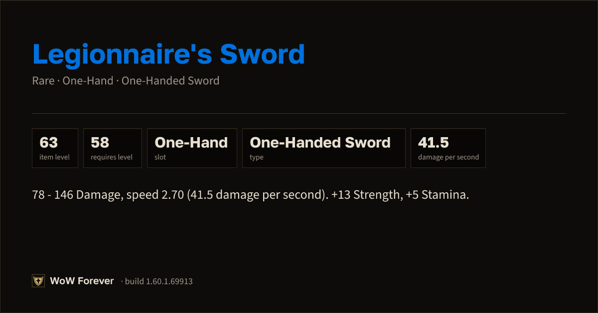 The preview card for Legionnaire's Sword (Item level 63)