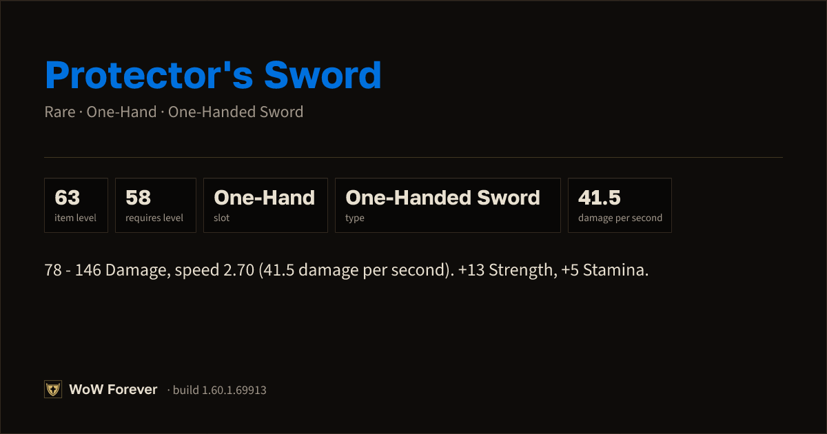 The preview card for Protector's Sword (Item level 63)