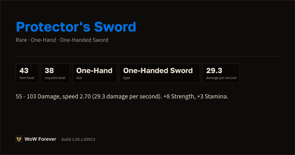 The preview card for Protector's Sword (Item level 43)
