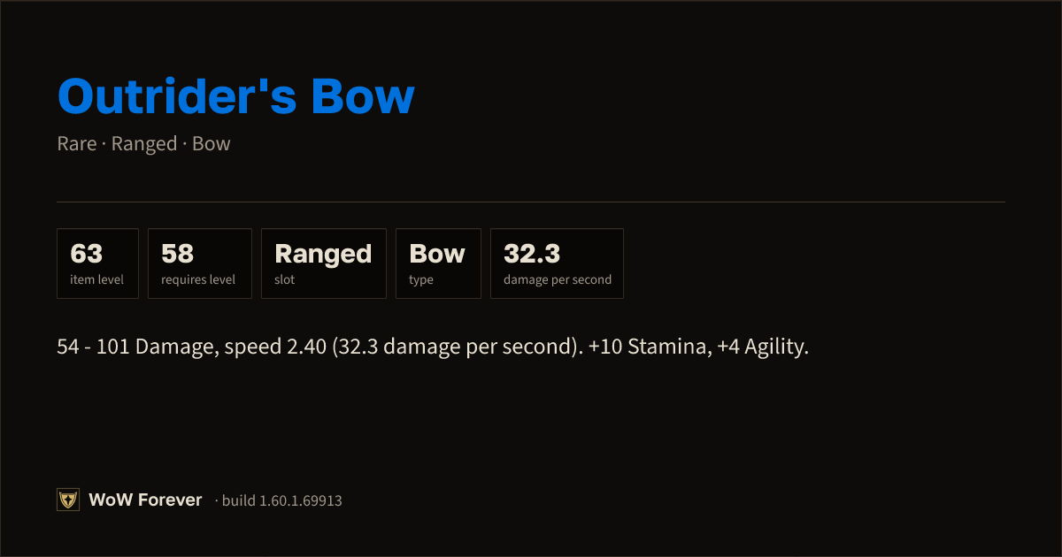 The preview card for Outrider's Bow - Rare Bow, Item Level 63