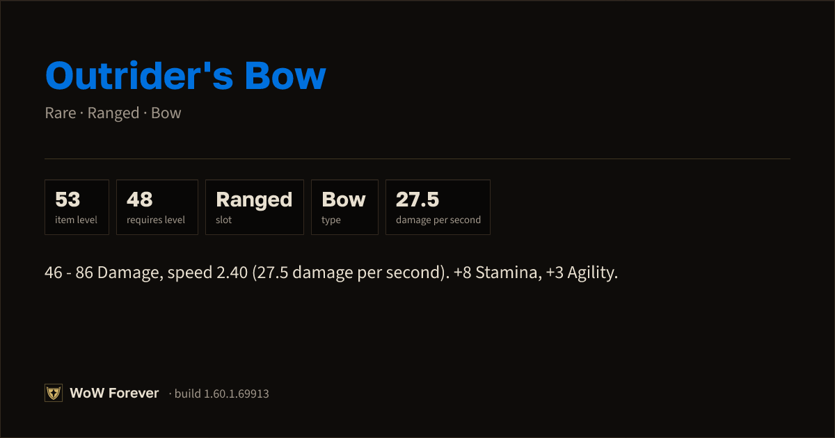 The preview card for Outrider's Bow - Rare Bow, Item Level 53