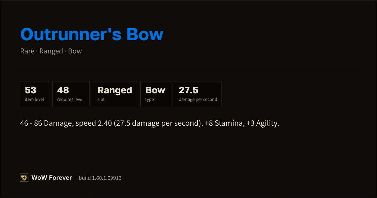 The preview card for Outrunner's Bow - Rare Bow, Item Level 53