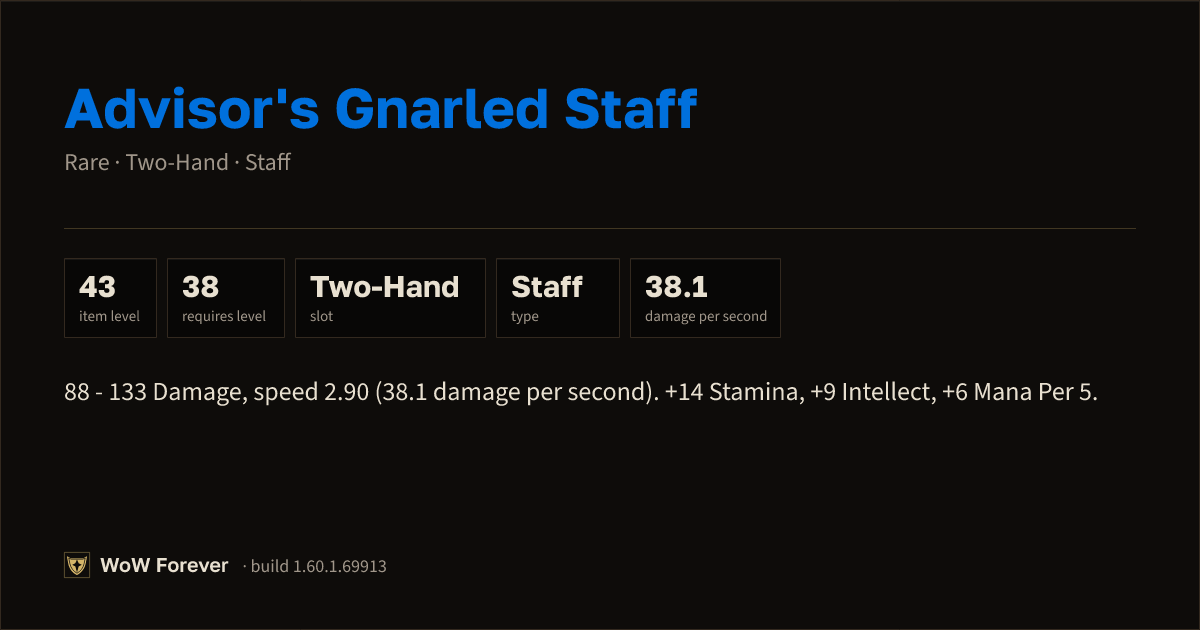 The preview card for Advisor's Gnarled Staff (Item level 43)