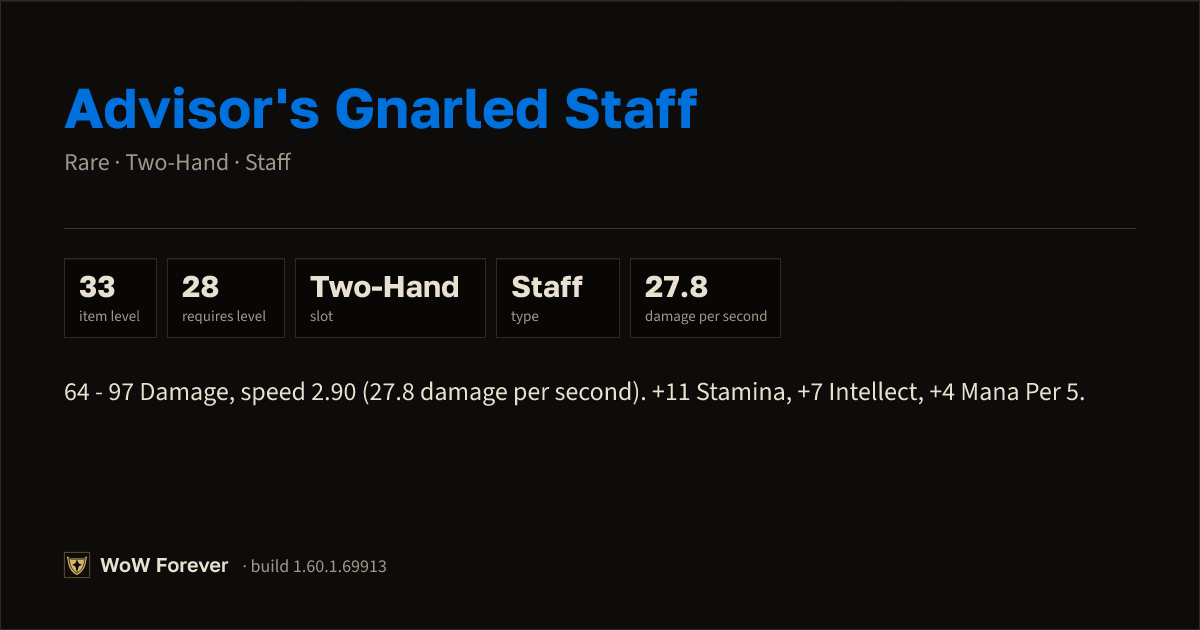 The preview card for Advisor's Gnarled Staff (Item level 33)