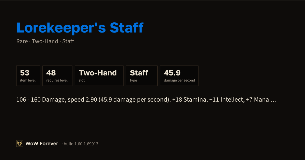 The preview card for Lorekeeper's Staff (Item level 53)