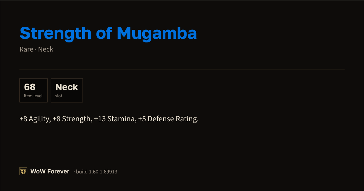 The preview card for Strength of Mugamba - Rare Necklace, Item Level 68