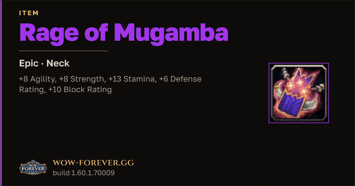 The preview card for Rage of Mugamba - Epic Necklace, Item Level 65