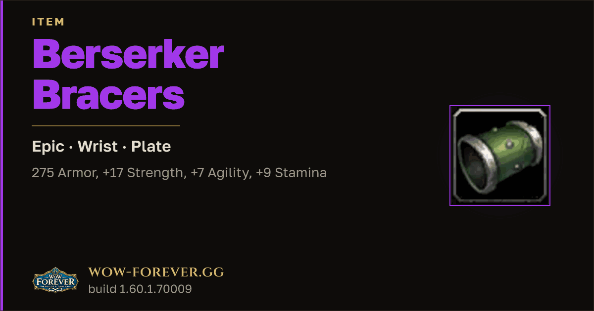 The preview card for Berserker Bracers - Epic Plate Wrist, Item Level 55