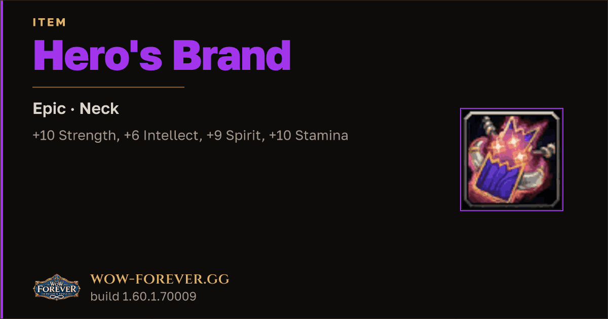The preview card for Hero's Brand - Epic Necklace, Item Level 65