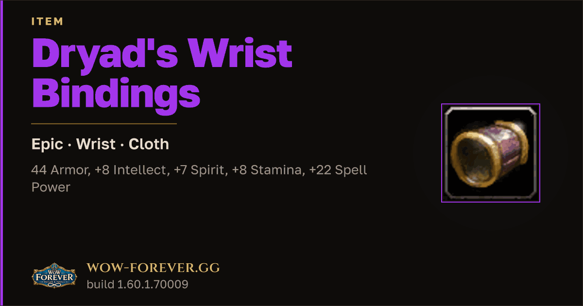 The preview card for Dryad's Wrist Bindings (Item level 65)