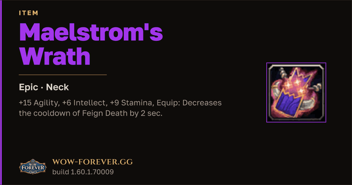 The preview card for Maelstrom's Wrath - Epic Necklace, Item Level 65