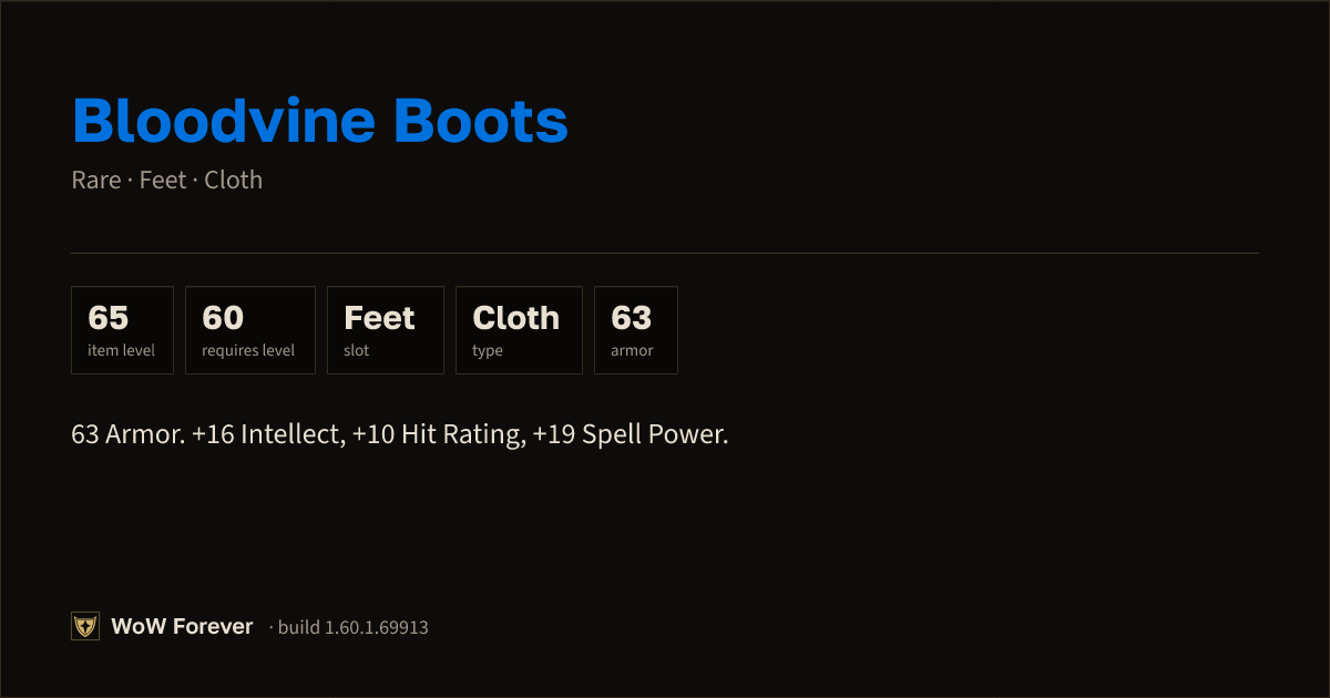 The preview card for Bloodvine Boots - Rare Cloth Feet, Item Level 65