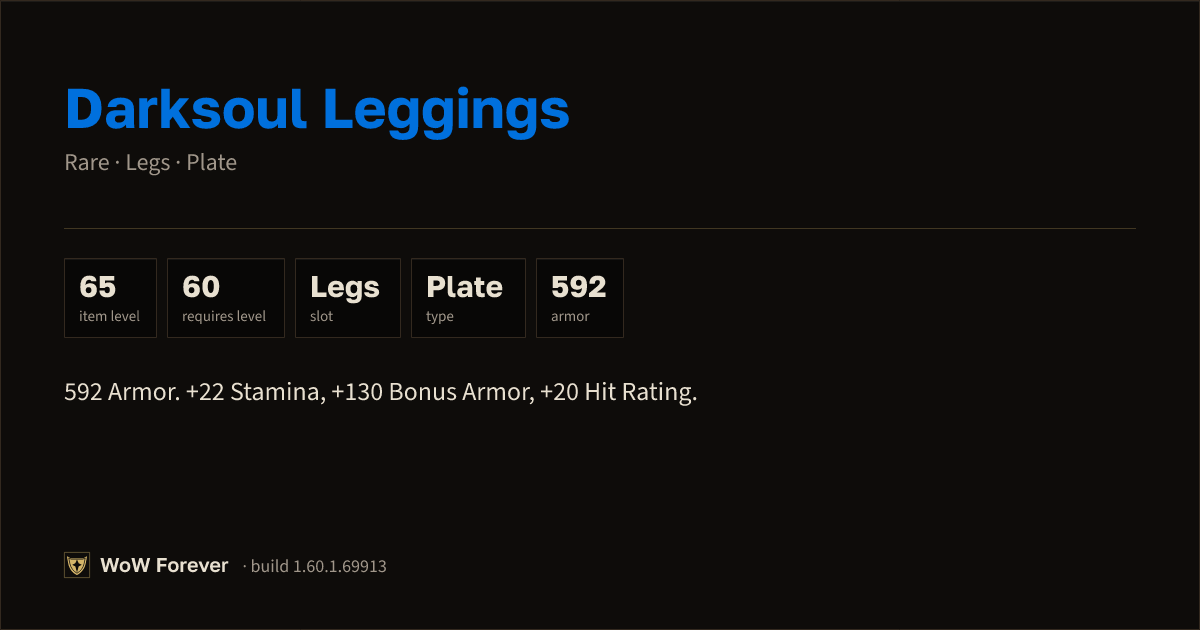 The preview card for Darksoul Leggings - Rare Plate Legs, Item Level 65