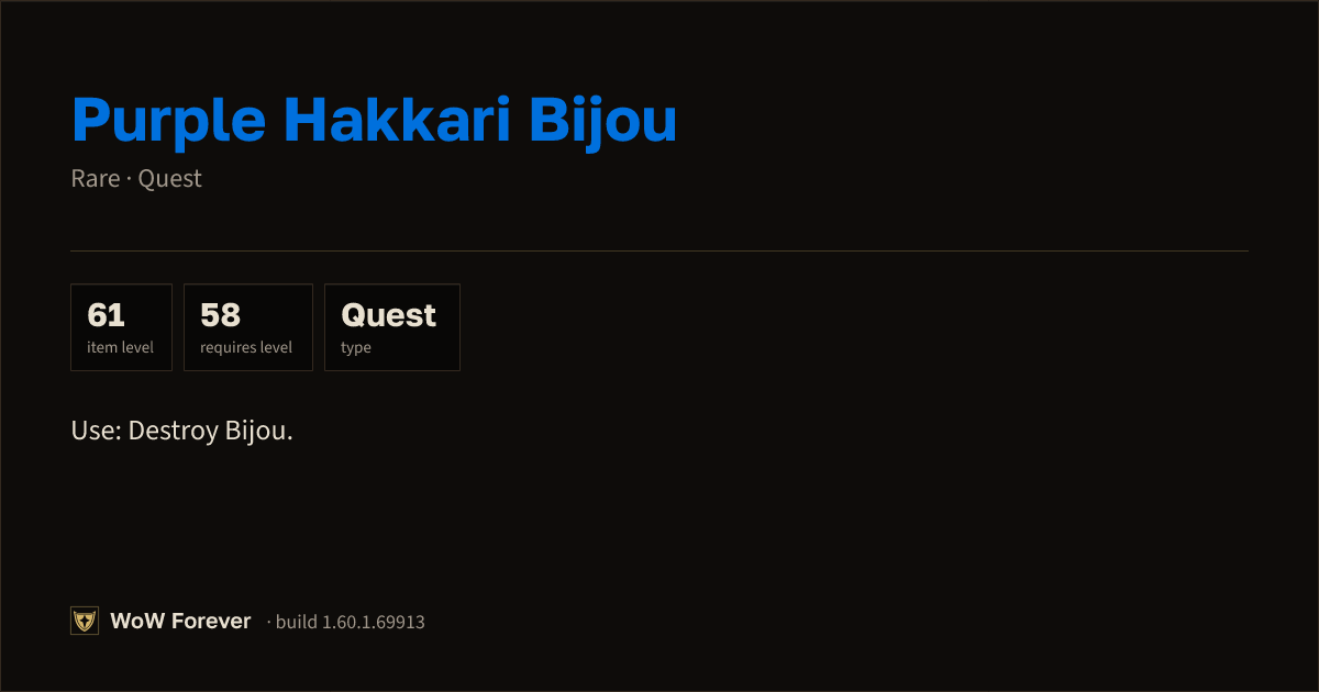 The preview card for Purple Hakkari Bijou - Rare Quest Item