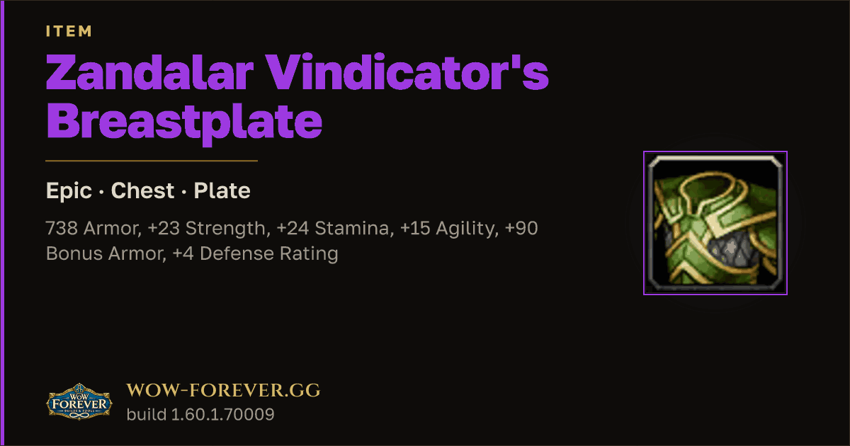 The preview card for Zandalar Vindicator's Breastplate - WoW Forever Item