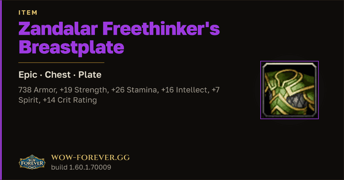 The preview card for Zandalar Freethinker's Breastplate - WoW Forever Item
