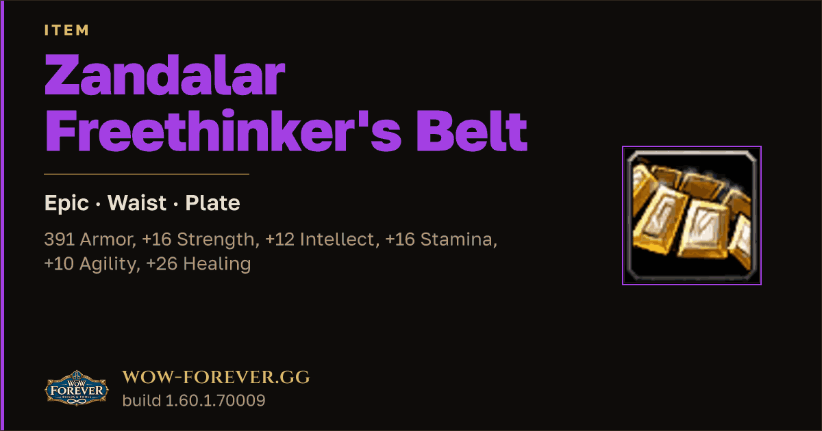 The preview card for Zandalar Freethinker's Belt - Epic Plate Waist