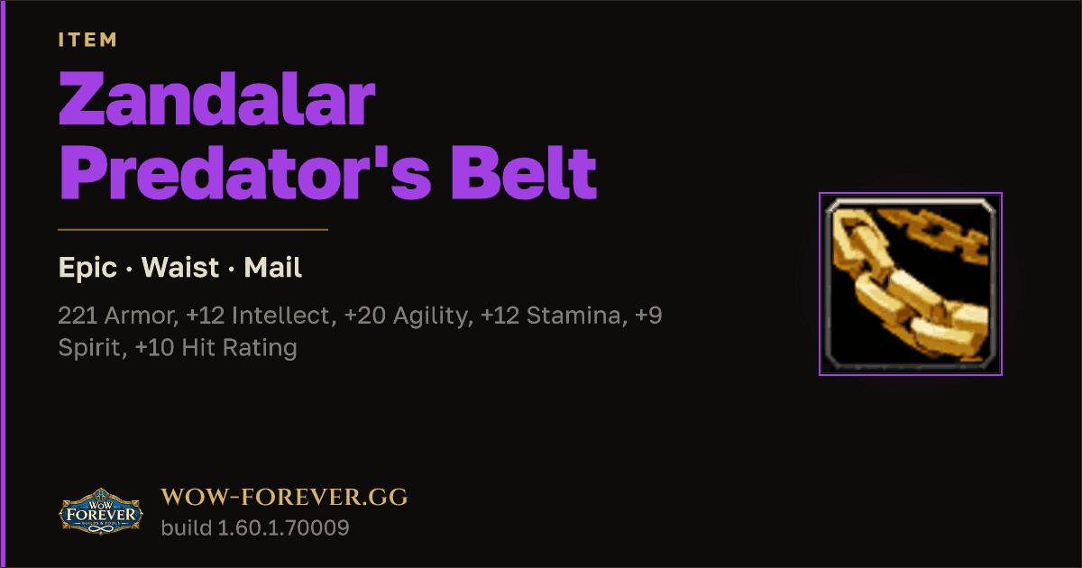 The preview card for Zandalar Predator's Belt - Epic Mail Waist
