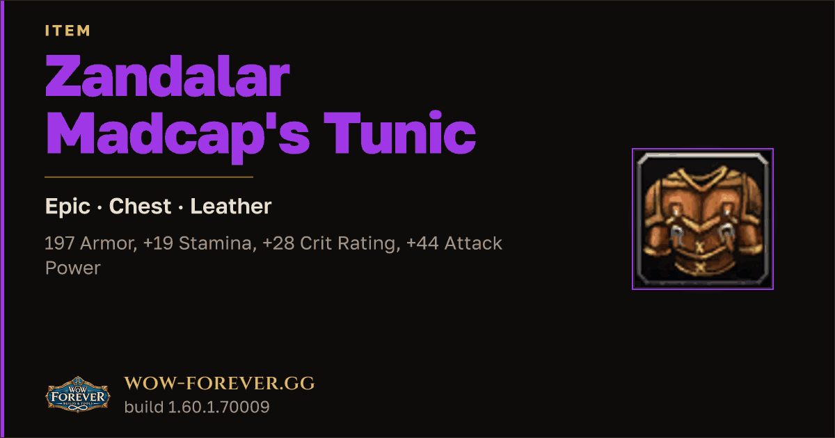 The preview card for Zandalar Madcap's Tunic - Epic Leather Chest