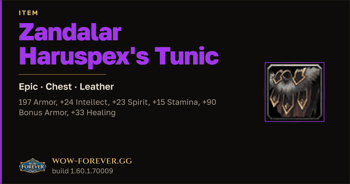 The preview card for Zandalar Haruspex's Tunic - Epic Leather Chest
