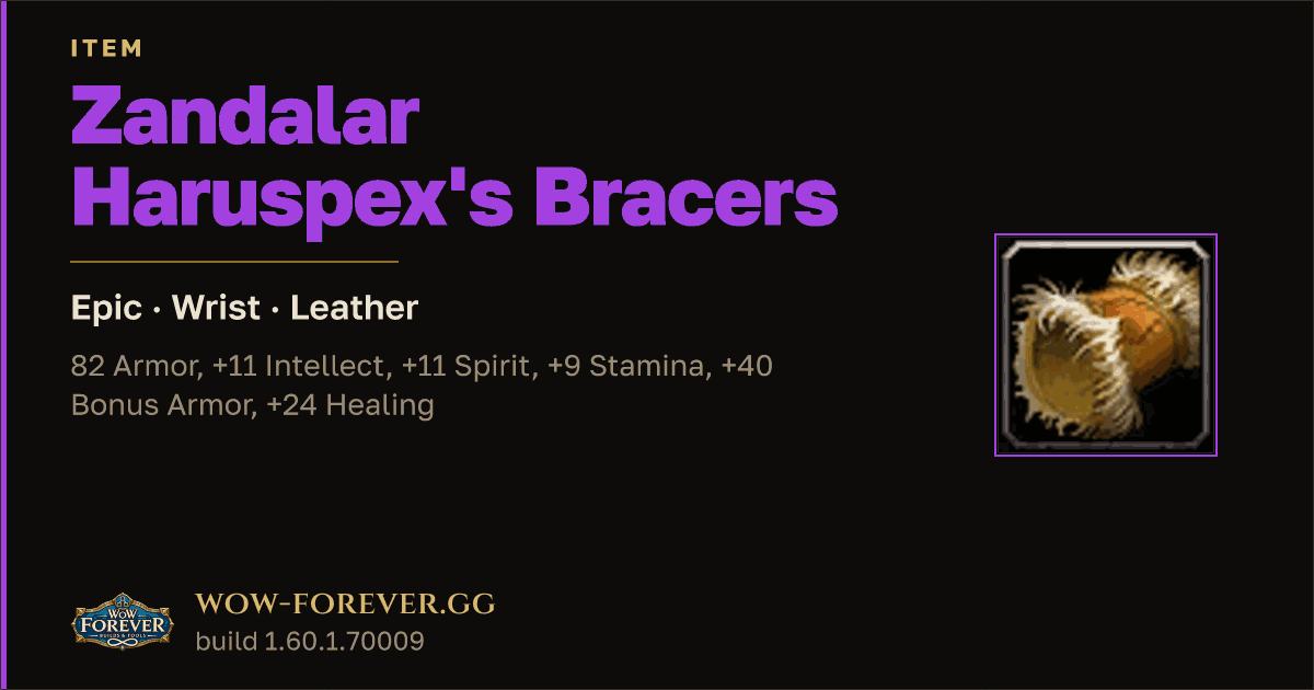 The preview card for Zandalar Haruspex's Bracers - Epic Leather Wrist