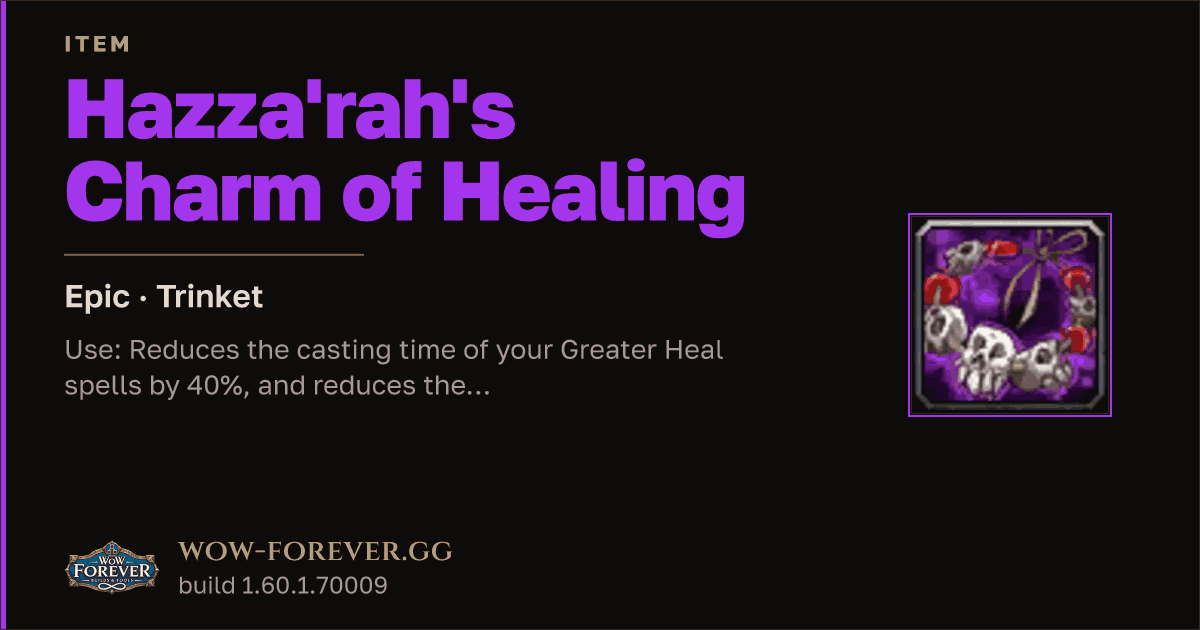 The preview card for Hazza'rah's Charm of Healing - Epic Trinket