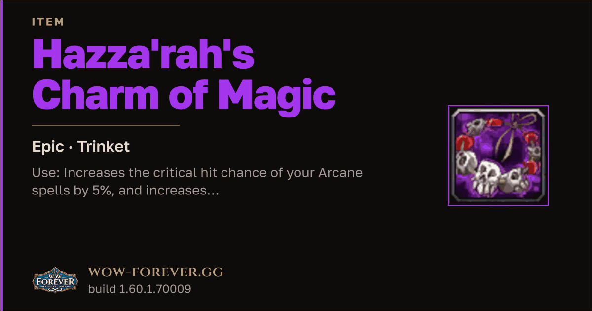 The preview card for Hazza'rah's Charm of Magic - Epic Trinket