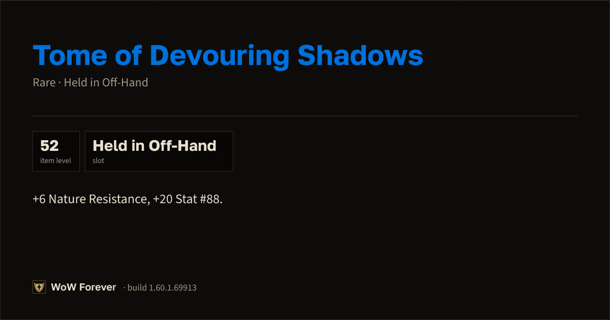 The preview card for Tome of Devouring Shadows - Rare Off-Hand Item