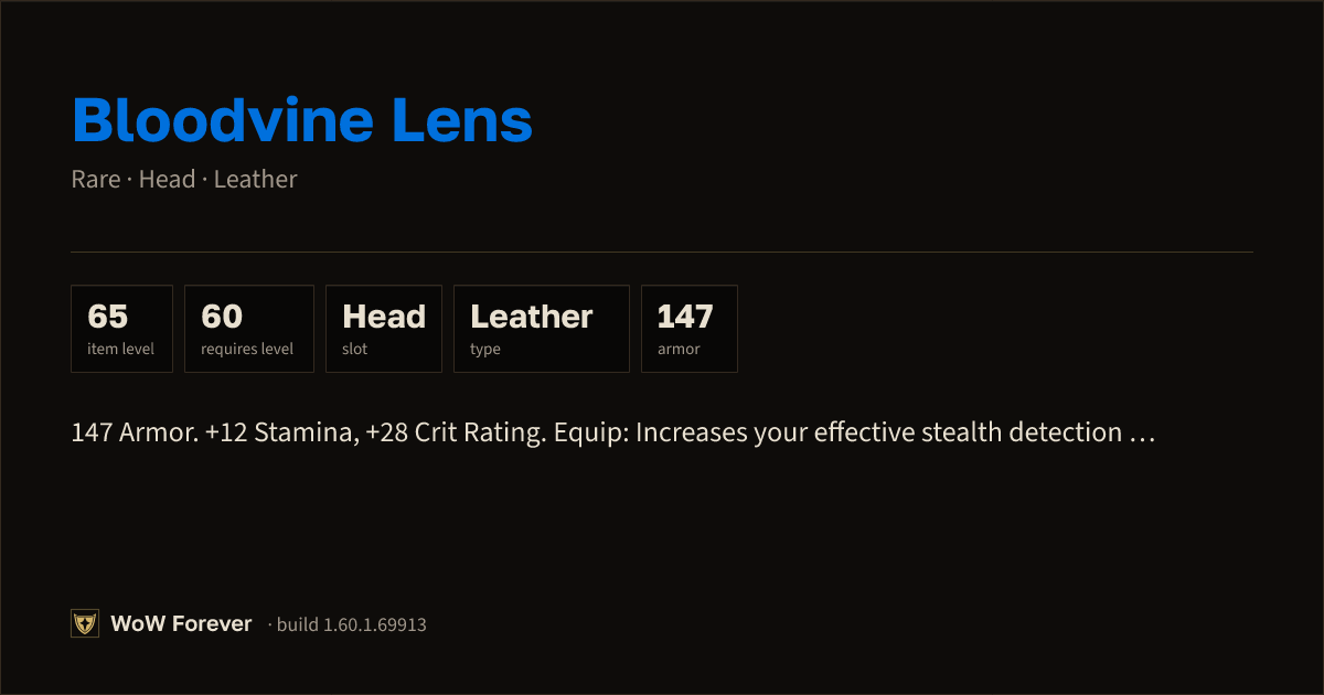 The preview card for Bloodvine Lens - Rare Leather Head, Item Level 65