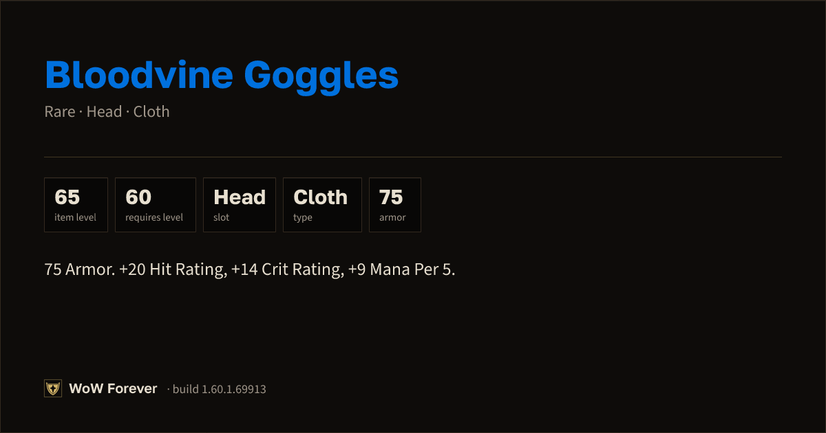 The preview card for Bloodvine Goggles - Rare Cloth Head, Item Level 65