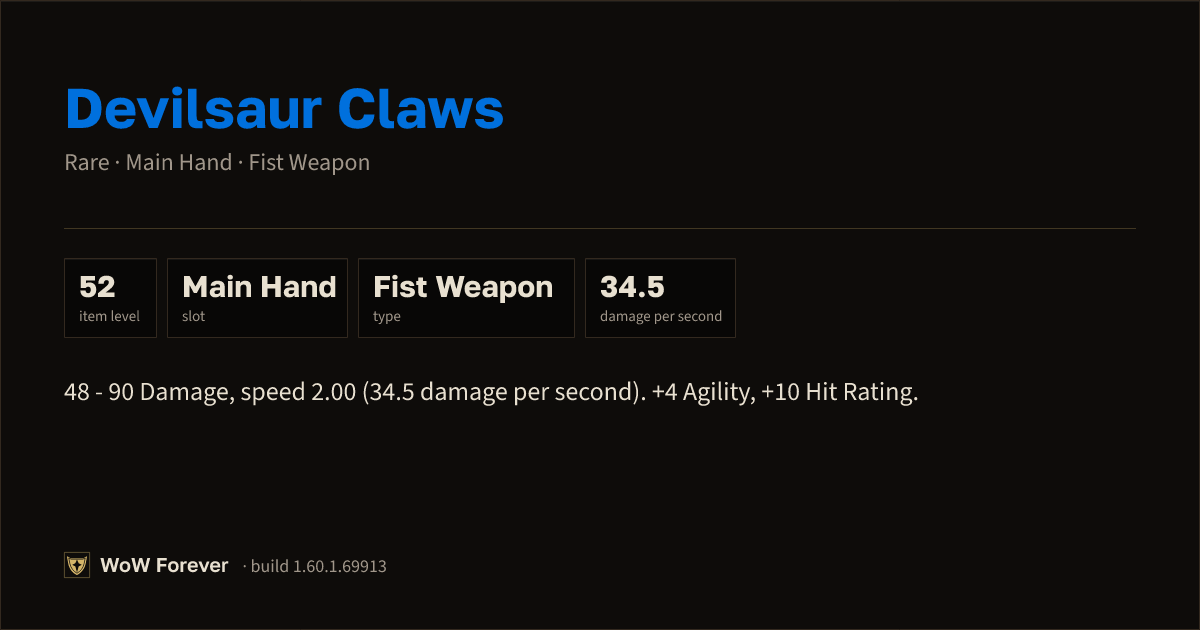 The preview card for Devilsaur Claws - Rare Main-Hand Fist Weapon