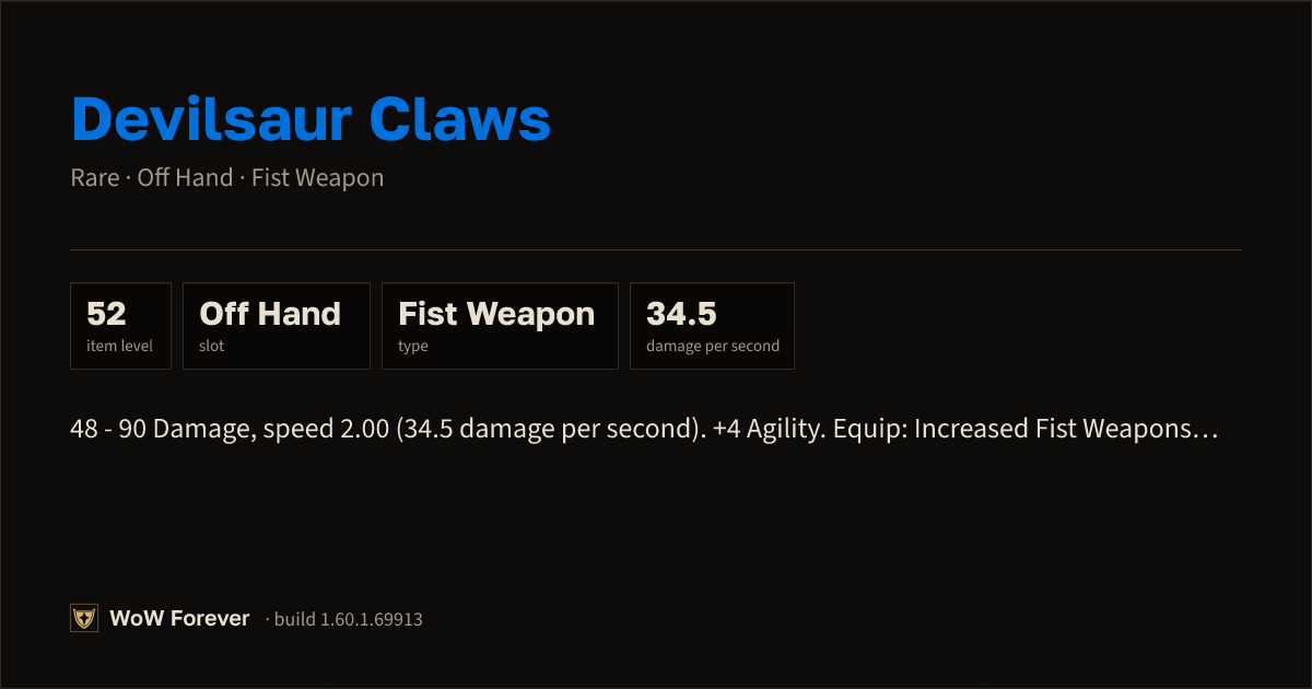 The preview card for Devilsaur Claws - Rare Off-Hand Fist Weapon