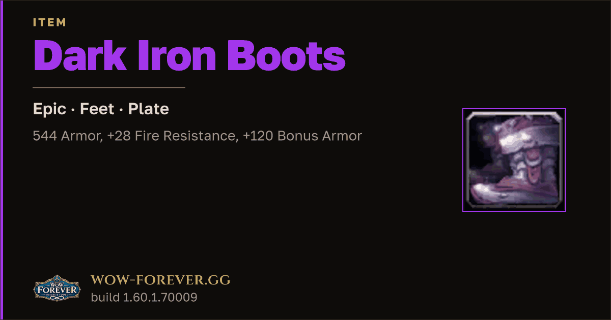 The preview card for Dark Iron Boots - Epic Plate Feet, Item Level 70