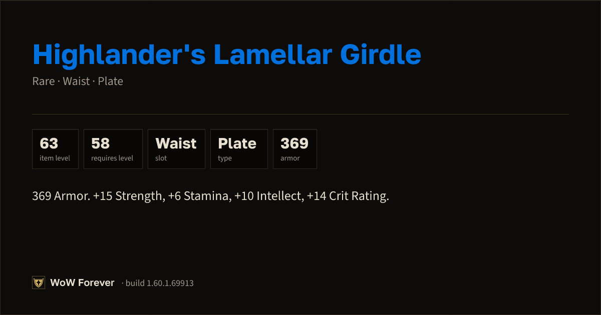 The preview card for Highlander's Lamellar Girdle (Item level 63)