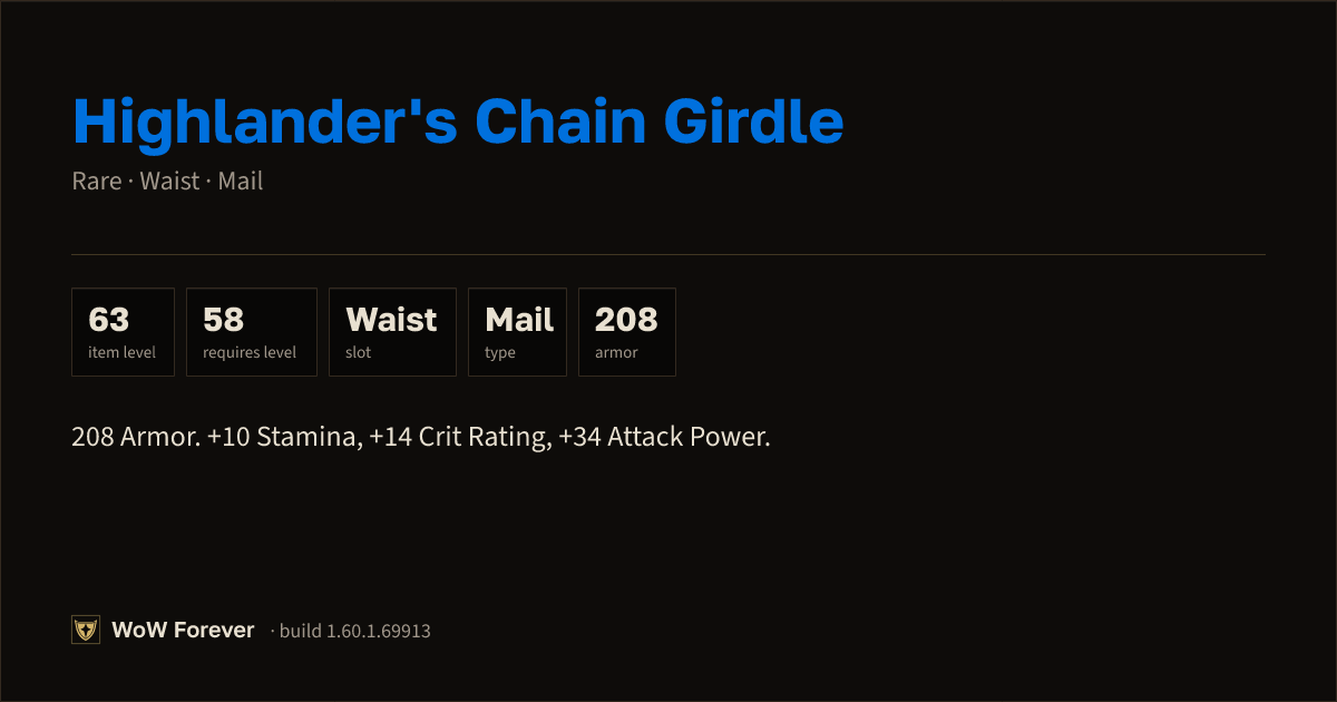The preview card for Highlander's Chain Girdle (Item level 63)