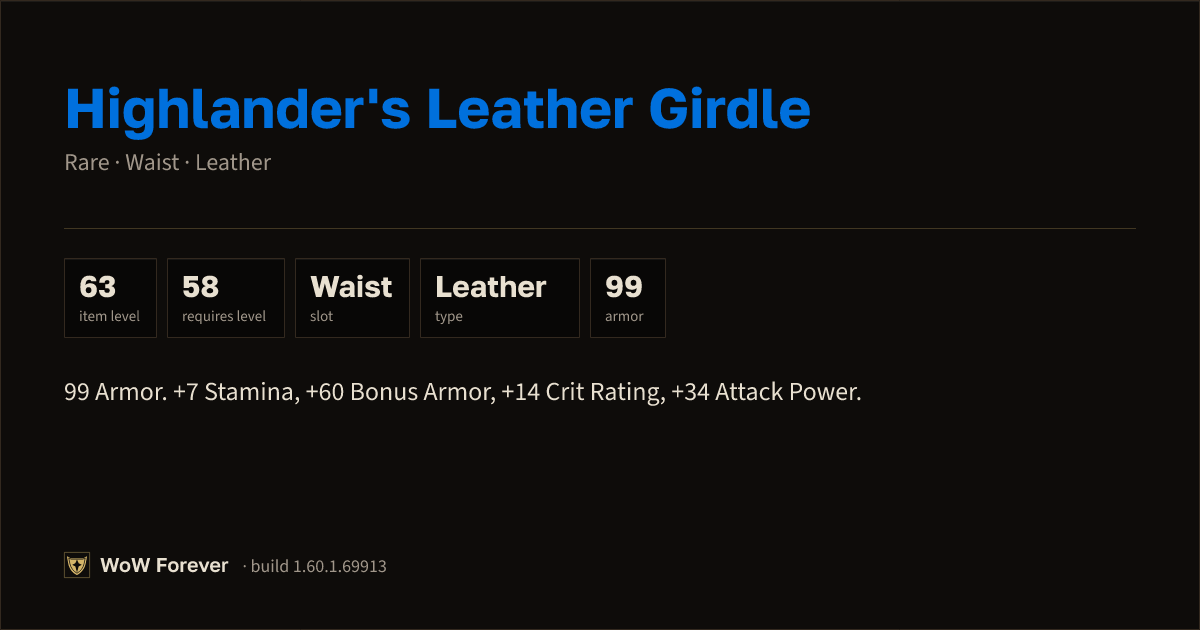 The preview card for Highlander's Leather Girdle (Item level 63)