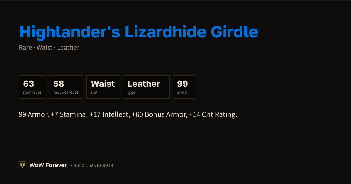 The preview card for Highlander's Lizardhide Girdle (Item level 63)