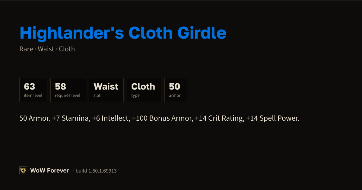 The preview card for Highlander's Cloth Girdle (Item level 63)