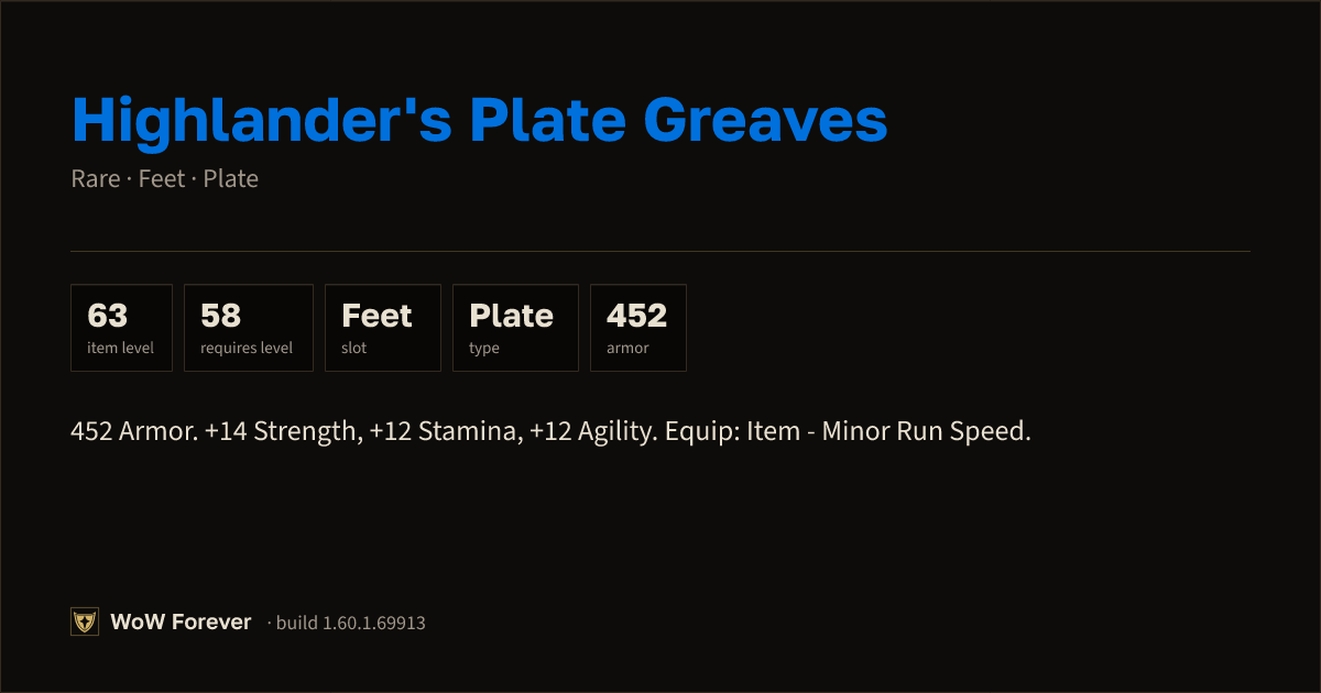 The preview card for Highlander's Plate Greaves (Item level 63)