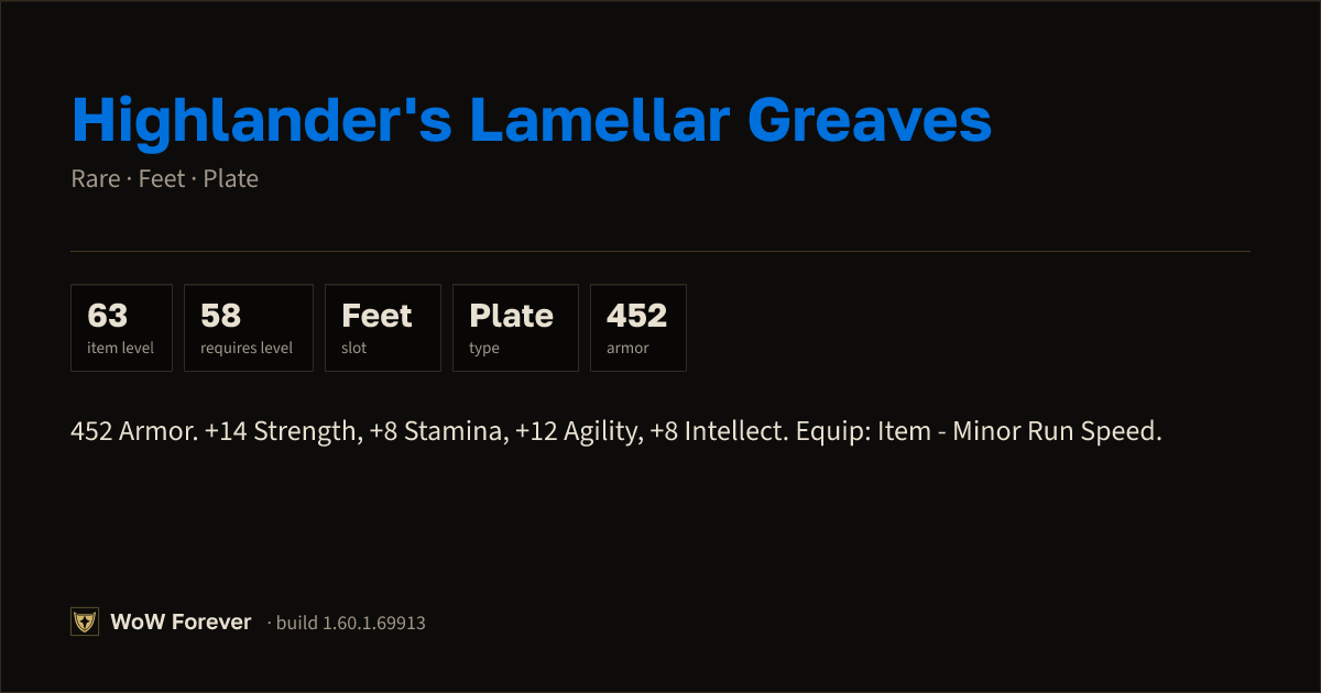 The preview card for Highlander's Lamellar Greaves (Item level 63)