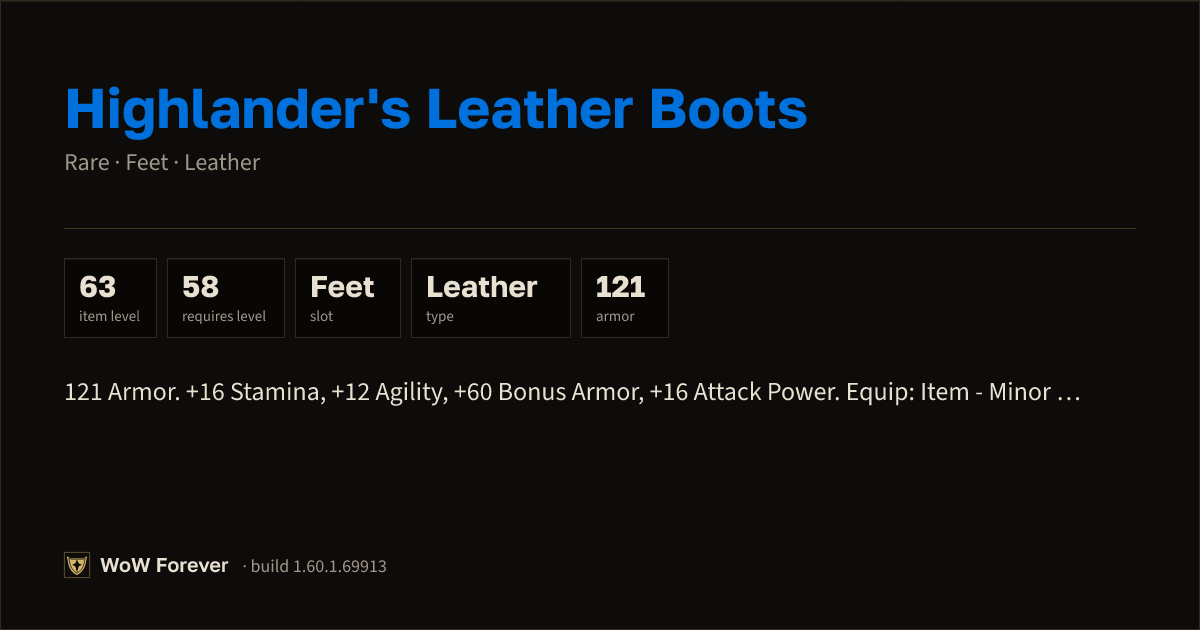 The preview card for Highlander's Leather Boots (Item level 63)