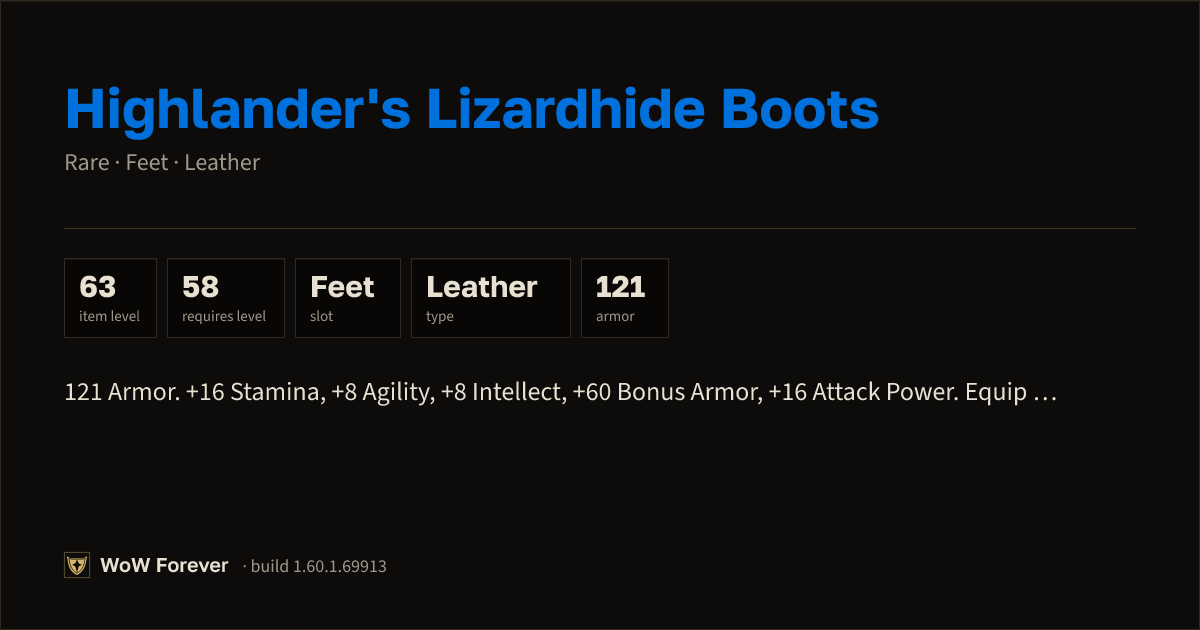 The preview card for Highlander's Lizardhide Boots (Item level 63)