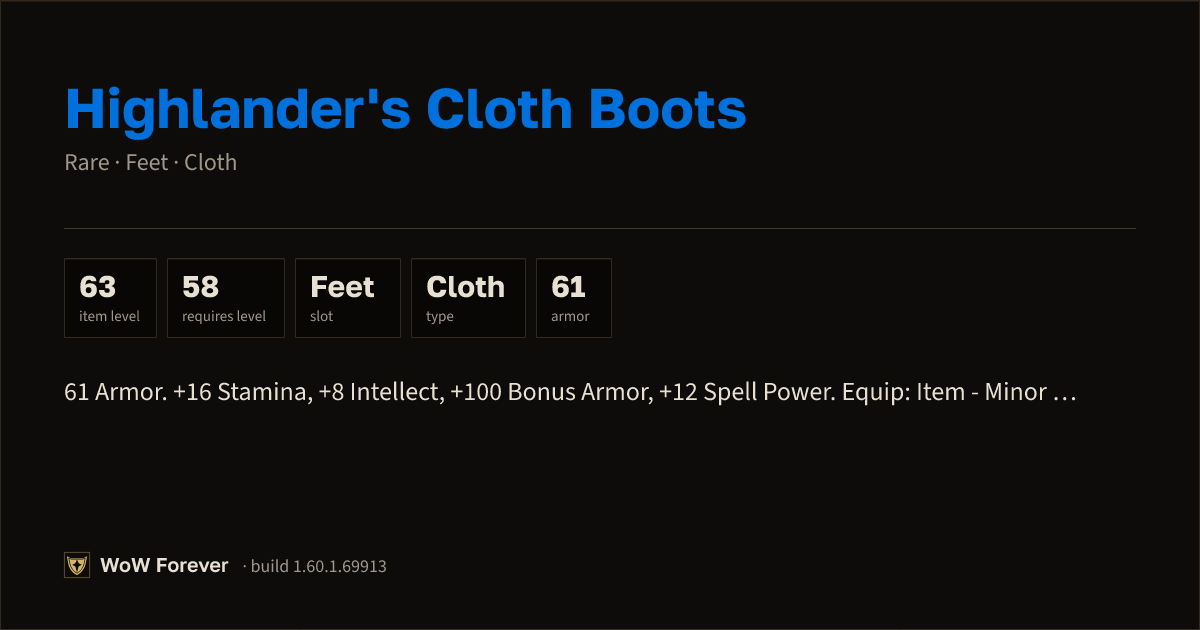 The preview card for Highlander's Cloth Boots (Item level 63)