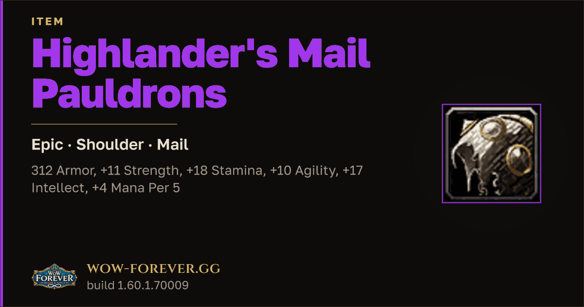 The preview card for Highlander's Mail Pauldrons - Epic Mail Shoulder
