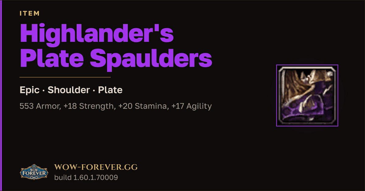 The preview card for Highlander's Plate Spaulders - Epic Plate Shoulder